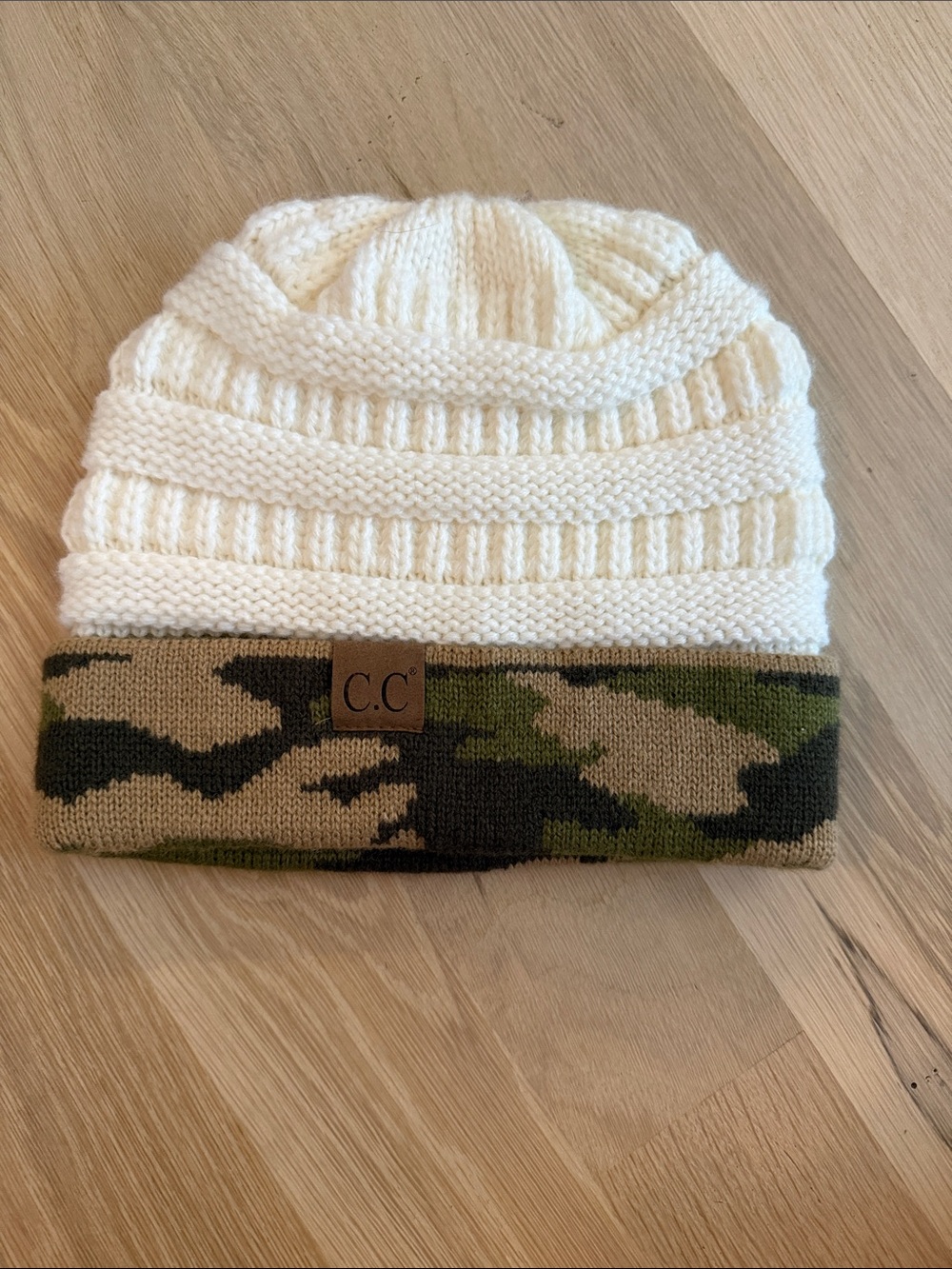 C.C Cream Knit Beanie with Camouflage Cuff